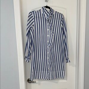 Blue and White Striped Ruffle Shirt Dress
